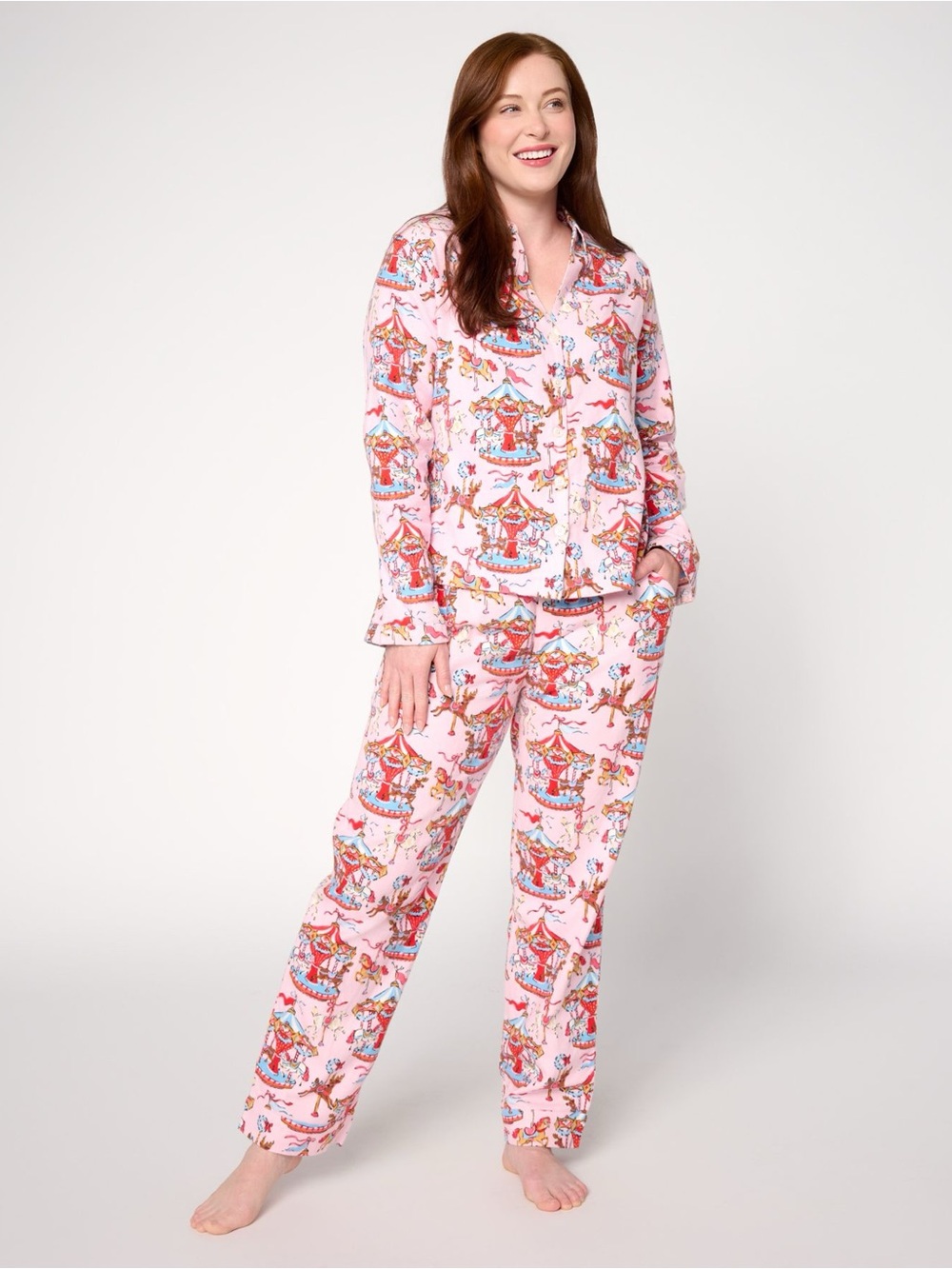 Printfresh x Kathy Hilton Christmas Carousel Pink Garland Flannel Pajama Set XS
